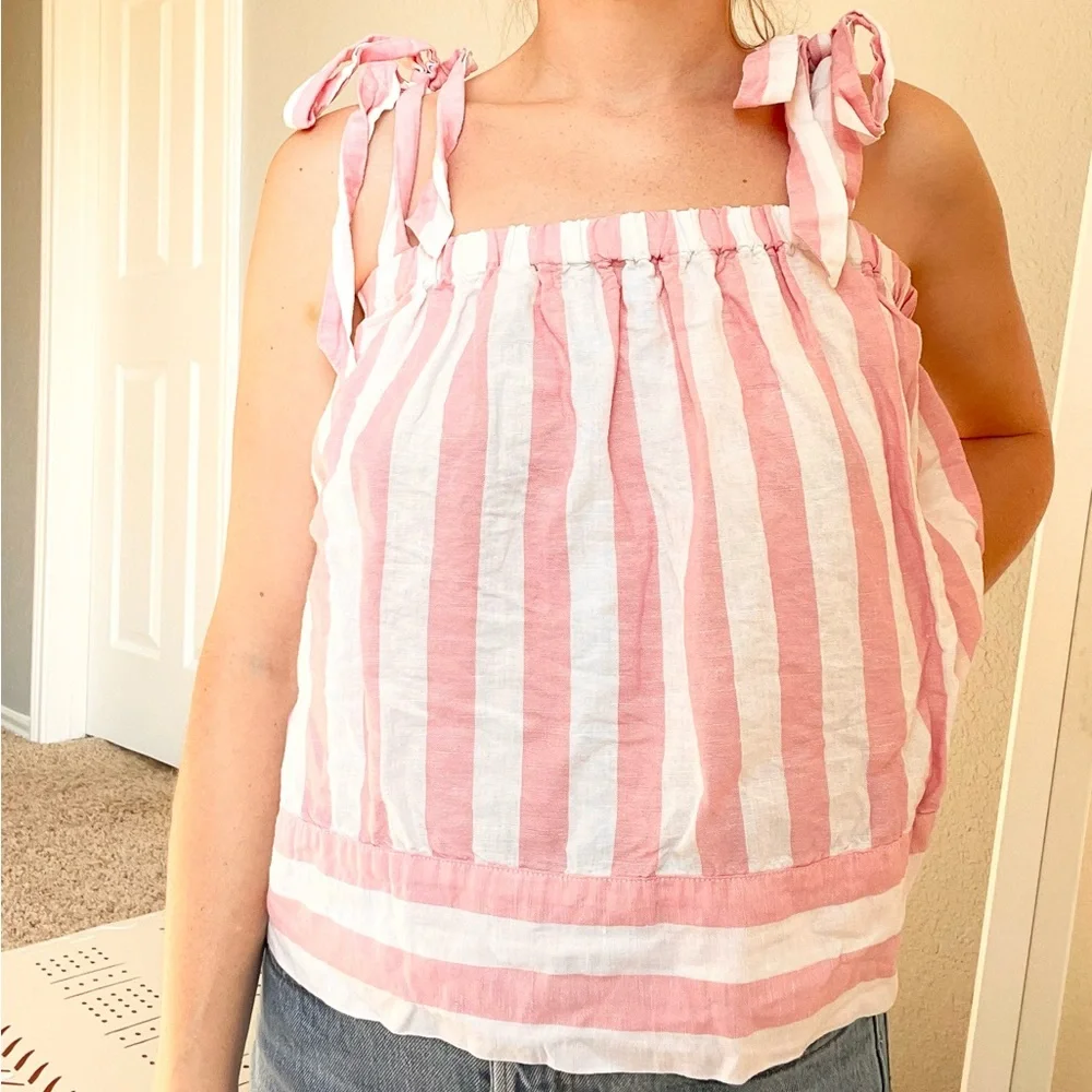 J.Crew Pink Striped Linen Tie Strap Tank Top